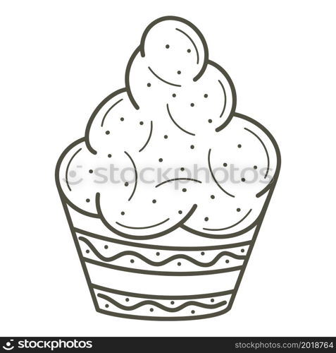 Cream cake in doodle style isolated object. Baking for the holiday, linear drawing. Sweet confectionery, vector illustration.. Cream cake in doodle style isolated object.