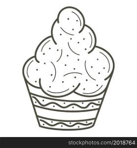 Cream cake in doodle style isolated object. Baking for the holiday, linear drawing. Sweet confectionery, vector illustration.. Cream cake in doodle style isolated object.