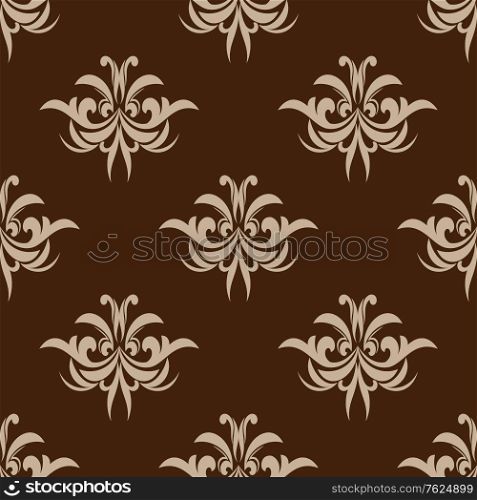 Cream colored floral seamless pattern with repeat motifs of arabesque elements in damask style for wallpaper, tiles and fabric design in square format isolated over brown background. Seamless floral pattern in damask style