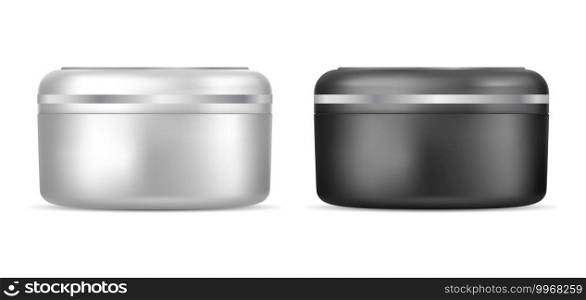 Cream container. Plastic cream jar. Beauty cosmetic vector packaging mockup isolated round blank. Face skin care package template. Premium creme orointment pot, silver black blank. Cream container. Plastic cream jar beauty cosmetic