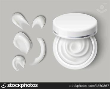 Cream container smears. Realistic skin care cosmetic round open jar with white smears, top view beauty product with shifted cap with moisturizing texture vector set. Cream container smears. Realistic skin care cosmetic round open jar with white smears, top view beauty product with shifted cap, vector set