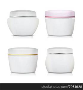 Cream Container Vector Set. Plastic Jar For Cosmetics Design. Face Cream Containers. Isolated On White Background. Cream Container Vector Set. Plastic Jar For Cosmetics Design. Face Cream Containers. Isolated