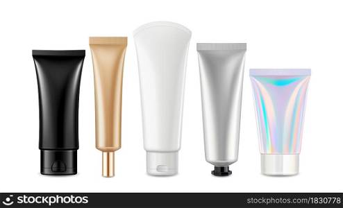 Cream Cosmetic Blank Tubes Packages Set Vector. Hygiene Moisturizing Lotion, Toothpaste And Shampoo Tubes Containers. Health Care Gel Product Packaging Template Realistic 3d Illustrations. Cream Cosmetic Blank Tubes Packages Set Vector