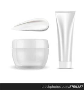 Cream, cosmetic in a white container, isolated vector. Jar mockup is made of glass, creme packaging for a lotion. Beauty skin care product in a plastic tube. Texture smear of liquid foundation. Cream, cosmetic in a white container, isolated vector. Jar mockup