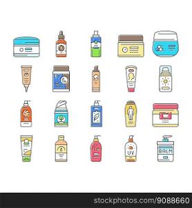 cream cosmetic product beauty icons set vector. care white, lotion face, skin makeup, gel liquid, facial natural, packaging body cream cosmetic product beauty color line illustrations. cream cosmetic product beauty icons set vector