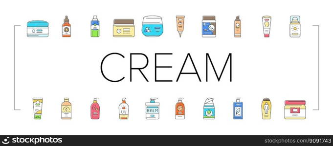 cream cosmetic product beauty icons set vector. care white, lotion face, skin makeup, gel liquid, facial natural, packaging body cream cosmetic product beauty color line illustrations. cream cosmetic product beauty icons set vector