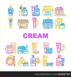 cream cosmetic skin care icons set vector. bottle face, lotion skincare, gel health, brush product, facial oil, polish cream cosmetic skin care color line illustrations. cream cosmetic skin care icons set vector