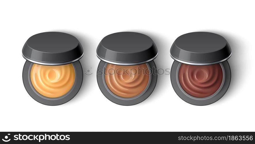 Cream eyeshadow top view. Realistic half-open jars with cosmetic, natural brown colors professional beauty product, different shades eyebrow paint round black blank containers, vector 3d isolated set. Cream eyeshadow top view. Realistic half-open jars with cosmetic, natural brown colors professional beauty product, different shades eyebrow paint blank containers, vector 3d isolated set