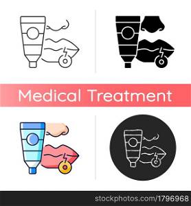 Cream for cold sore icon. Antiviral ointment. Treat painful fluid-filled blisters on lips. Shortening healing time. Soothing lip balm. Linear black and RGB color styles. Isolated vector illustrations. Cream for cold sore icon