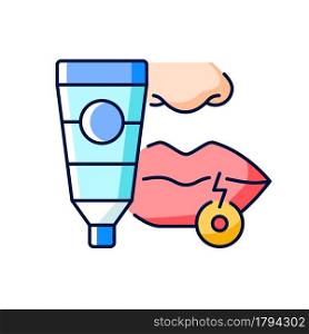 Cream for cold sore RGB color icon. Antiviral ointment. Treat painful fluid-filled blisters on lips. Shortening healing time. Sooth lip balm. Isolated vector illustration. Simple filled line drawing. Cream for cold sore RGB color icon