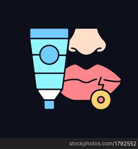 Cream for cold sore RGB color icon for dark theme. Antiviral ointment. Treat fluid-filled blisters on lips. Isolated vector illustration on night mode background. Simple filled line drawing on black. Cream for cold sore RGB color icon for dark theme