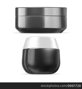 Cream jar. Cosmetic cream container black plastic vector template, isolated. Face scrub package blank mockup. Round glossy butter packaging, small pack. Facial creme canister. Cream jar. Cosmetic cream container black plastic