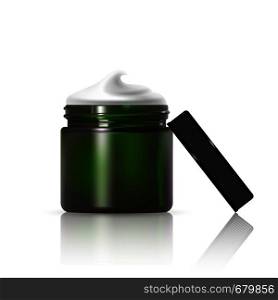 Cream jar isolated on white background. Skin care product package. Color glass jar