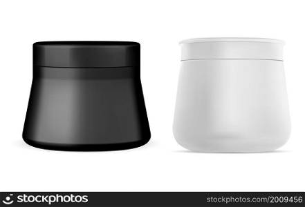 Cream jar mockup. Black cosmetic cream realistic bottle. Round glossy packaging for face butter or skin scrub. Premium body gel silver can, charcoal wax or serum. Lotion container mock up. Cream jar mockup. Black cosmetic cream realistic bottle
