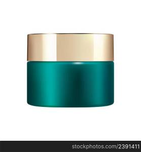 Cream jar mockup. Body cream cosmetic container vector mockup. Green plastic jar with gold cap for skin butter or scrub, beauty care cosmetics design. Realistic face powder glossy packaging. Cream jar mockup. Body cream cosmetic container