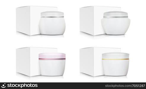 Cream Jar Packaging Template Set Vector. White Paper Or Cardboard Box. Organic Product Design. Blank Cosmetic Jars. Natural Cosmetics Packaging Illustration.. Cosmetic Packaging Design Vector. Paper Or Cardboard Box. Good For Cosmetics Products Design.