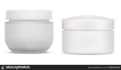 Cream jar. plastic cosmetic container, face beauty bottle blank. Skin care creme product round glass jars with cap. Butter, gel or powder pack front side canister mock up with cover. Cream jar. plastic cosmetic container face beauty