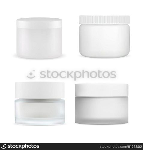 Cream jar vector mockup. White plastic cosmetic container blank. Round beauty product packaging for butter, scrub or gel. Isolated face powder box. Skin care creme package with lid. Cream jar vector mockup. White plastic cosmetic container