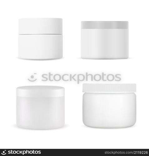Cream jar. White cosmetic cream container, vector bottle mockup. Realistic face creme packaging set. White plastic round jar for scrub, ointment or butter. Blush powder template. Cream jar. White cosmetic cream container, vector