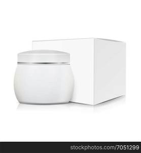 Cream Jar With Package Box Vector. Clean Cardboard Box. Skin Care Product Package 3D Illustration.. Realistic Cosmetic Box Blank Vector. White Paper Or Cardboard Box. Natural Cosmetics Packaging Illustration.