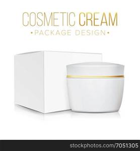 Cream Jar With Package Box Vector. Clean Cardboard Box. Skin Care Product Package 3D Illustration.. Cream Jar Packaging Vector. Empty Paper Box. Realistic Mock Up Illustration