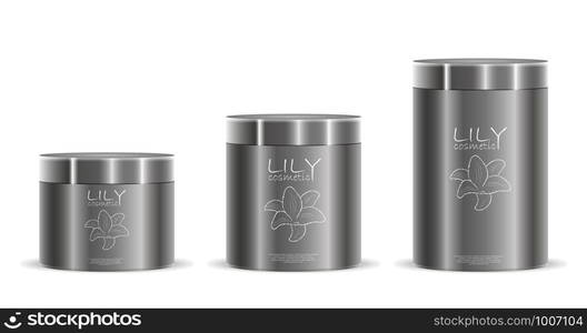 Cream jars pack in silver color with label and logo design. Different height cosmetic cans with lids metallic or plastic. Cosmetics Packaging for cream, salt, powder, ointment. EPS10 vector.. Cream jar pack silver color Different cosmetic can