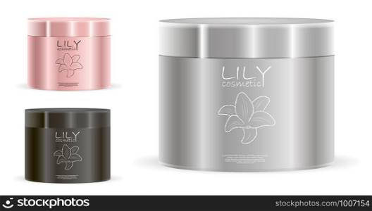 Cream jars pack in silver, rose gold and black color with label and logo design. Different height cosmetic cans with lids metallic or plastic. Packaging for cream, salt, powder, ointment. EPS10 vector.. Cream jar pack in silver, rose gold, black color