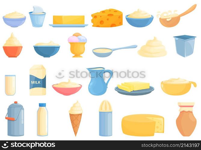 Cream milk icons set cartoon vector. Liquid cream. Yogurt drop. Cream milk icons set cartoon vector. Liquid cream