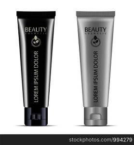 Cream or ointment cosmetic tube set with black and silver color design. Realistic mockup package vector illustration.. Cream, ointment cosmetic tube set. Mockup