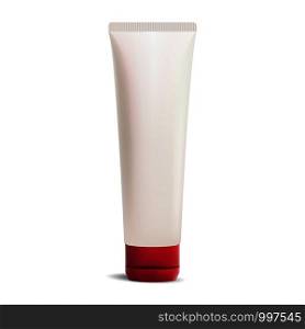 Cream or ointment cosmetic tube with perl white color design and red cap. Realistic package vector illustration. 3d mockup template isolated on white.. Cream or ointment cosmetic tube with perl white