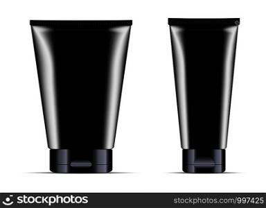Cream or ointment cosmetic tubes set with black color design. Realistic package vector illustration. 3d mockup template isolated on white.. Cream or ointment cosmetic tubes set. Realistic