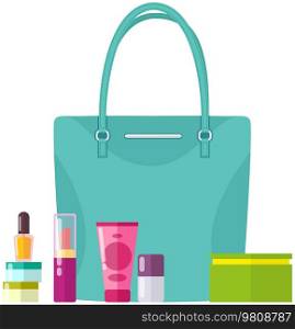 Cream, perfume, cosmetics and pomade. Contents of woman s handbag. Vanity table. Concept of beauty bloggers, fashion and glamour. Elegant ladies leather bag, female accessories for makeup and care. Cream, perfume, cosmetics and pomade. Contents of woman s handbag, accessories for makeup and care