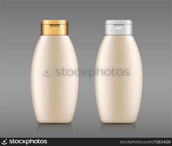 Cream products bottle with gold and white cap, collection template design on gray background, Eps 10 vector illustration