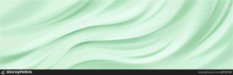 Cream texture, green background of cosmetics gel or ice cream with smooth ripples and waves. Mint cosmetic, frosting, moisture balm, creamy dessert horizontal backdrop Realistic 3d vector illustration. Cream texture green background or cosmetics balm