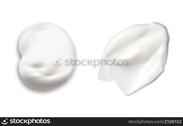 Cream texture vector swatch. White cosmetic gel smear. Facial cream stroke, realistic skin foundation. Creamy mousse swirl, round drop, top view. Toothpaste blob. Cream texture vector swatch. White cosmetic gel smear