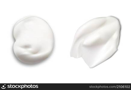 Cream texture vector swatch. White cosmetic gel smear. Facial cream stroke, realistic skin foundation. Creamy mousse swirl, round drop, top view. Toothpaste blob. Cream texture vector swatch. White cosmetic gel smear