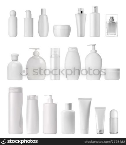 Cream tube and spray, soap dispenser and dropper, lotion bottle. Realistic cosmetics package vector 3d mockup. Isolated pump container, liquid lather, beauty cosmetic products for bathroom mock up set. Cream tube and spray, soap dispenser and dropper