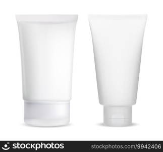 Cream tube blank. Cosmetic lotion package white. Gel container mockup. Medical product wrapper illustration. Soft tubes for tooth paste or acne creme or sunscreen. Squeeze pack with cap. Cream tube blank. Cosmetic lotion package white