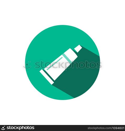 Cream tube icon with shadow on a green circle. Flat color vector pharmacy illustration