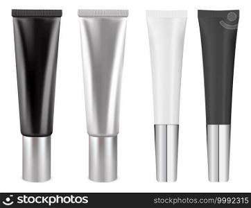 Cream tube mockup. White cosmetic package blank, isolated vector. Silver, black container for skin care beauty product. Face or hand cream plastic tube. Cream tube mockup. White cosmetic package blank