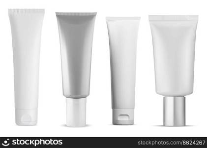 Cream tube vector package blank, realisitic beauty product design. Sunscreen creme plastic bottle isolated illustration. Dental toothpaste squeeze tube, clean template, facial scrub or gel. Cream tube vector package blank, realisitic beauty product design