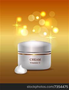Cream with vitamin C in plastic container commercial poster. Package full of female beauty means. Luxurious moisturizer promo banner vector illustration.. Cream with Vitamin C Plastic Container Commercial