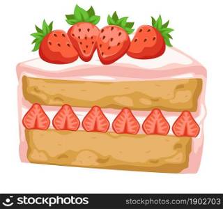 Creamy cake with strawberry and leaves, isolated biscuit and cream. Pie portion served in restaurant or diner, menu for cafe. Bakery shop assortment of production and confectionery. Vector in flat. Dessert with strawberries and biscuit with cream