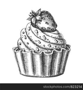 Creamy Delicious Cake Sweet Dessert Ink Vector. Confectionery Tasty Cake Made From Custard Cream Decorated Chocolate Crumbs And Strawberry On Top. Designed Food Template Monochrome Illustration. Creamy Delicious Cake Sweet Dessert Ink Vector