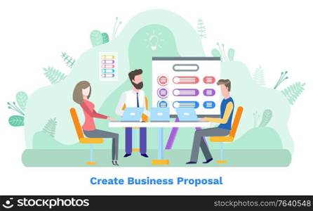 Create business proposal, people workers communication with laptop. Board with scheme, finance strategy, man and woman on workplace, analysis vector. People with Laptop, Business Proposal, Idea Vector