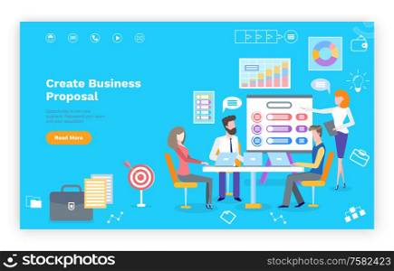 Create business proposal template website, teamwork with laptops. Diagram and chart icons, financial project, blue landing page of investment vector. Create Business Proposal, Teamwork Website Vector