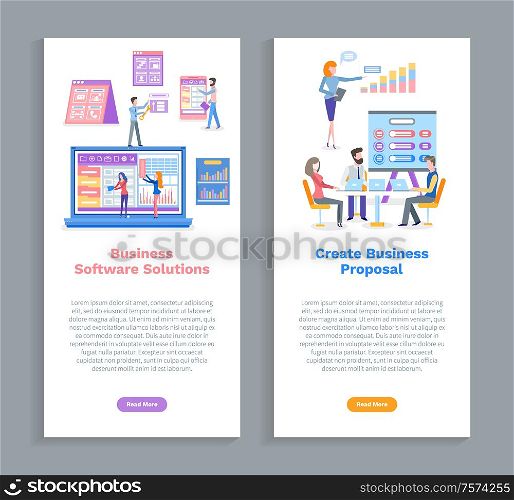 Create business proposal vector, software solution web pages set with text. Meeting of businessman, discussion of projects results and received data. Business Software Solution, Create Proposal Set