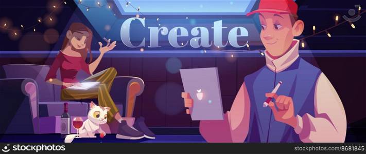 Create cartoon motivational banner. Young man and woman at home art place on attic writing or painting on tablet pc at night time. Thoughtful people creativity at dark mansard, vector illustration.. Create cartoon banner people at home art place