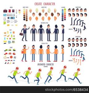 Create Character. Set of Different Body Parts. Create character. Set of different illustrations with body parts. Work. Rest. Sport. Hair style. Skin. Clothes. Emotions. Moves. Animated characters Business casual style Cartoon design Vector