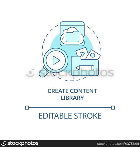 Create content library blue concept icon. Subscription model. Video on demand abstract idea thin line illustration. Isolated outline drawing. Editable stroke. Roboto-Medium, Myriad Pro-Bold fonts used. Create content library blue concept icon